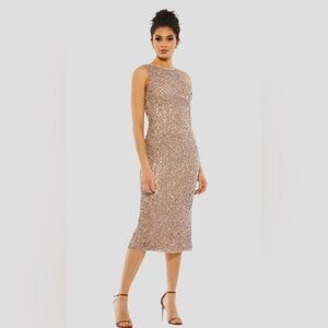 Mac Duggal Jewel Neckline Sequined Tea Length Midi Dress Rosewood Size 12 $398